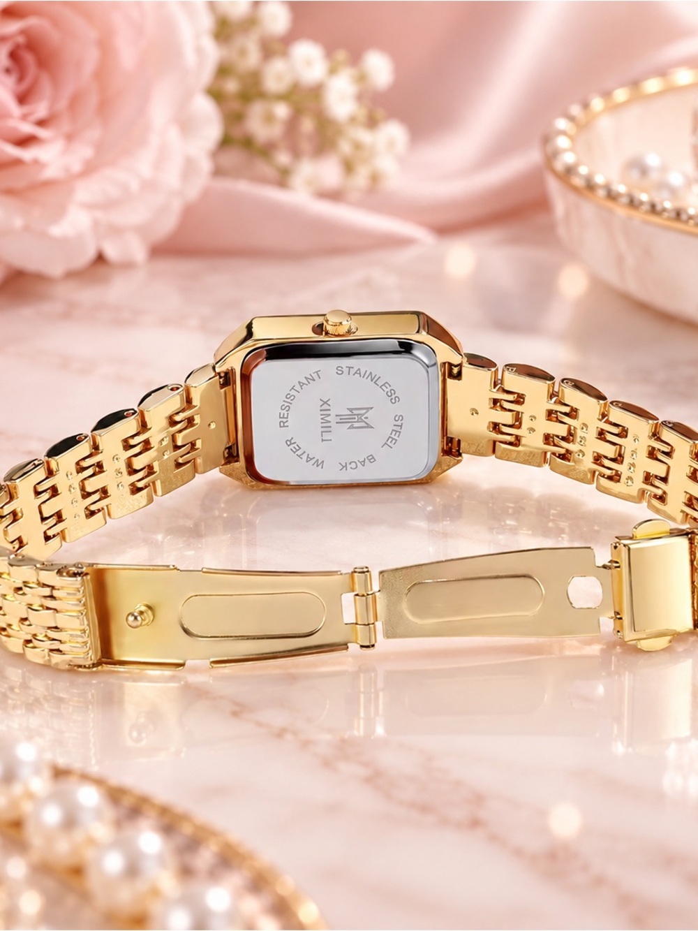 Gold Statement Rectangle Bracelet Watch - women’s jewelry - Picture 4 of 4